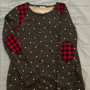 Gray Polka Dot Sweater with Red Plaid Accents